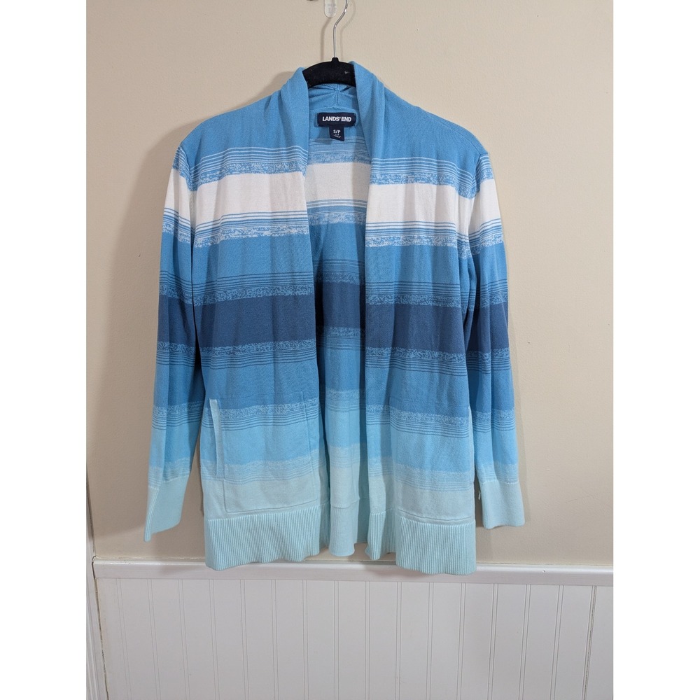 Lands' End Blue Ombre Stripe Cotton Open Front Cardigan Sweater Womens Small 6-8